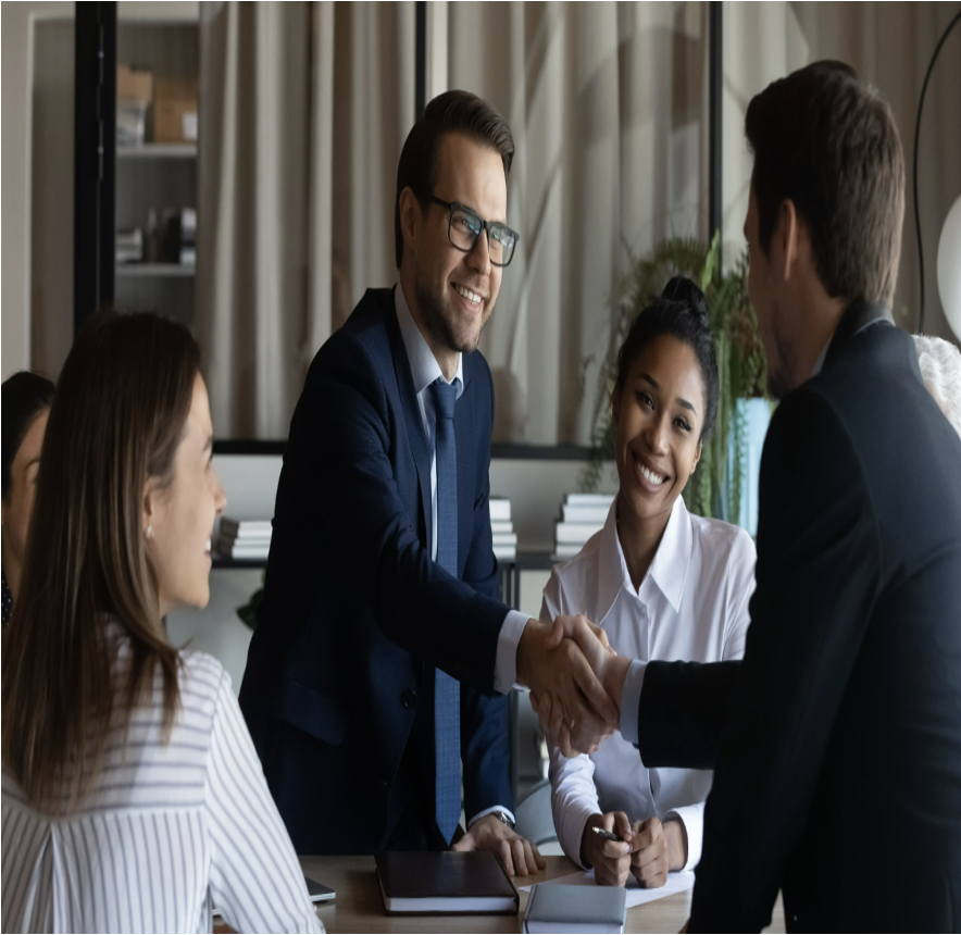 Business professionals discussing supply chain solutions