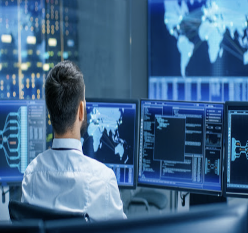 Security operations center with multiple monitors displaying security dashboards